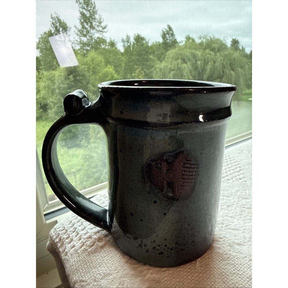 Studio Pottery‎ Mug With Thumb Rest Signed Teal Blue 4.75" Tall